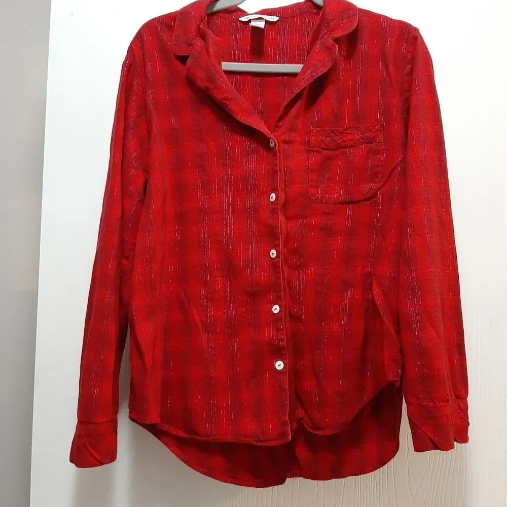 VICTORIA'S SECRET Red Black Pajama Tops Checker Button down Shirt Small